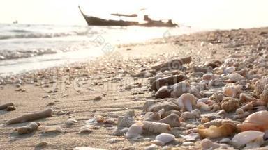 海水在金色的沙滩上流动，贝壳和珊瑚碎片在金色的沙滩上堆积，阳光和剪影的渔船